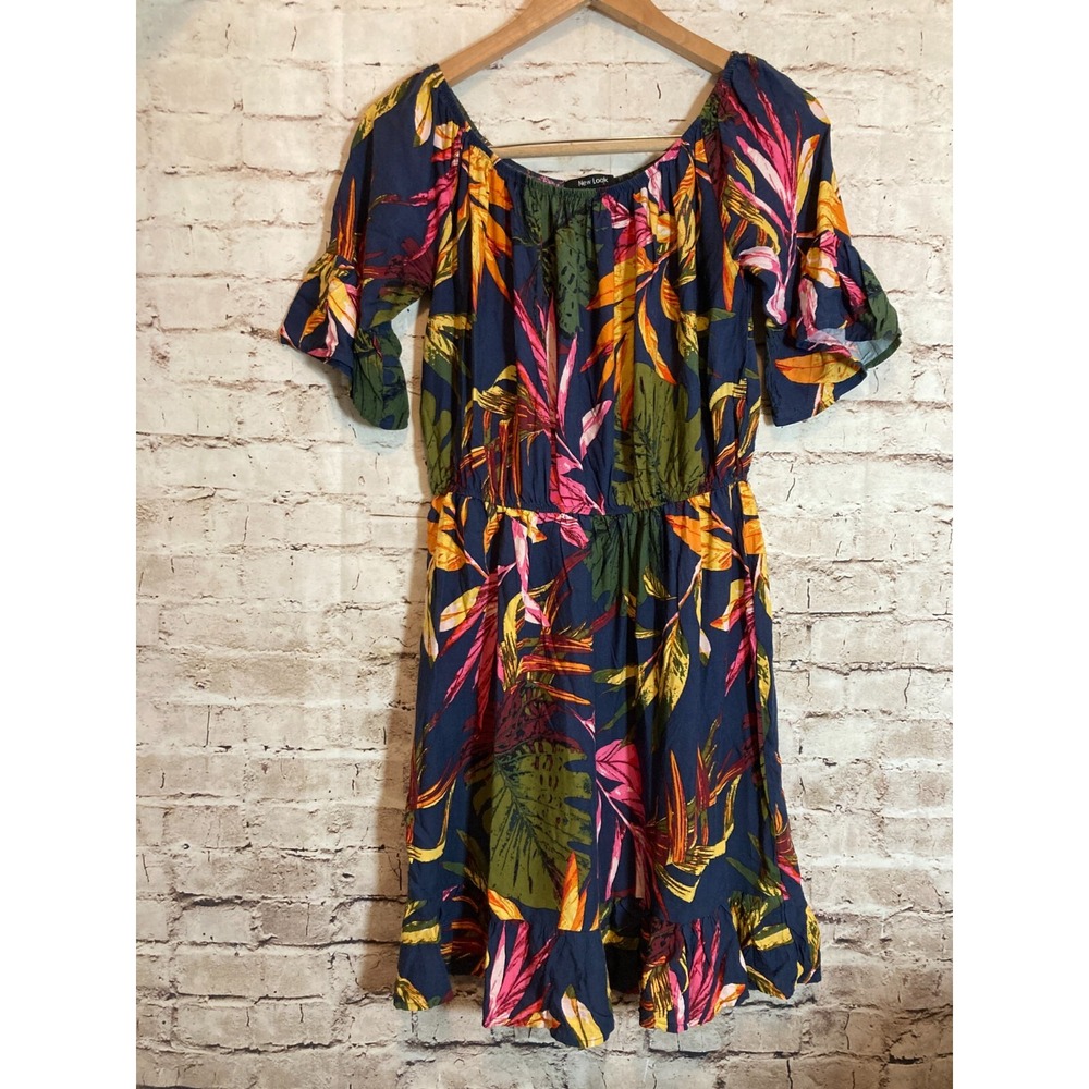 New Look Dress Womens Large Tropical Jungle Dark Florals Bell Sleeve Stretch